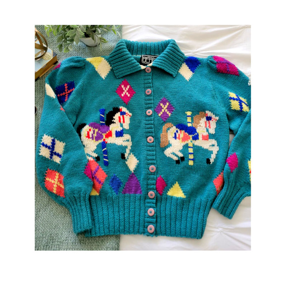 berek Sweaters - Vintage Rare Berek Wool Knit Horse Carousel Cardigan Sweater M